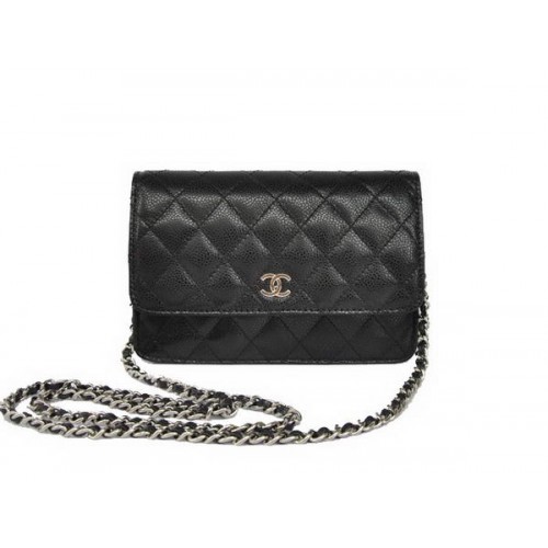 New Cheap Chanel A33814 Borsa con patta in pelle a grana nera argento
