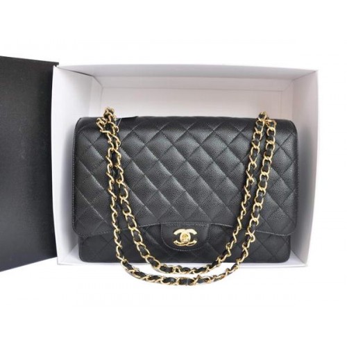 Chanel A47600 Borsa con patta jumbo in pelle di caviale originale nera oro