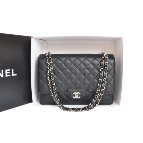 Chanel A47600 Borsa con patta jumbo in pelle di caviale originale nera argento