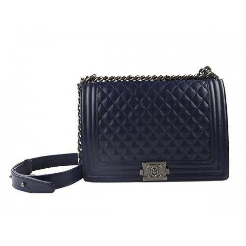Chanel A67026 Royalblue grande borsa a tracolla con patta Le Boy argento