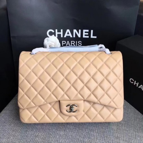 Borsa Chanel Maxi trapuntata classica con patta in pelle di montone color albicocca A58601 argento