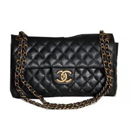 Chanel Borsa a tracolla con patta in pelle nera iridescente A1274 ottone