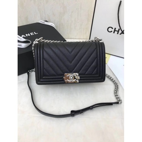 Chanel Boy Flap Caviar Original V Borsa a tracolla in pelle nera A67086 Argento