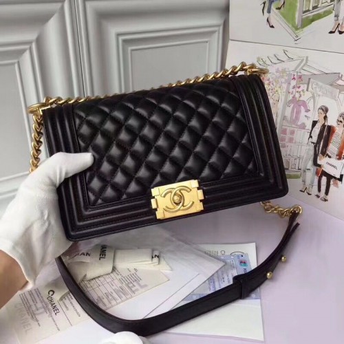 Chanel Boy Flap Borsa a tracolla in pelle di montone originale nera A67086 oro