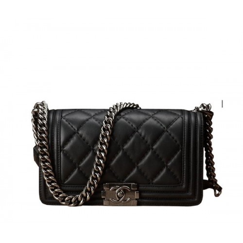 Borsa a tracolla con patta Chanel Boy nera in pelle di vitello originale A67086 argento
