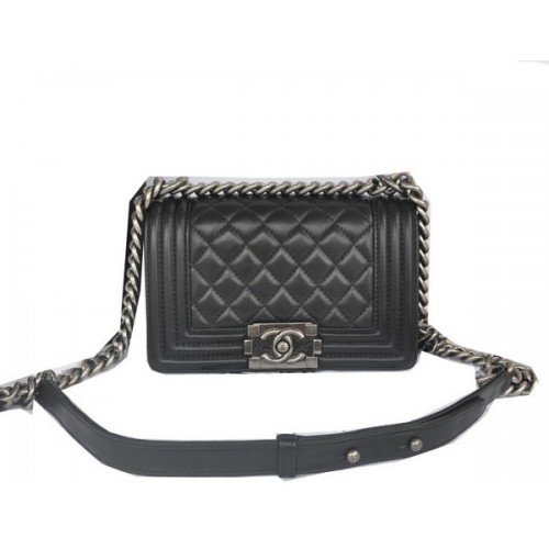 Chanel Boy Borsa a tracolla con patta nera Pelle di agnello originale CHA67085 Argento