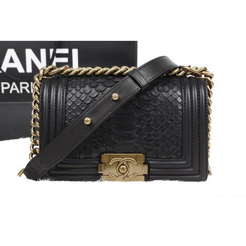Borsa a tracolla Chanel Boy Flap nera in pelle di pitone originale A67085 oro