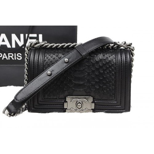 Borsa a tracolla Chanel Boy Flap nera in pelle di pitone originale A67085 argento