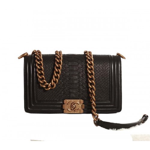Chanel Boy Borsa a tracolla con patta nera in pelle di serpente originale A67086 oro