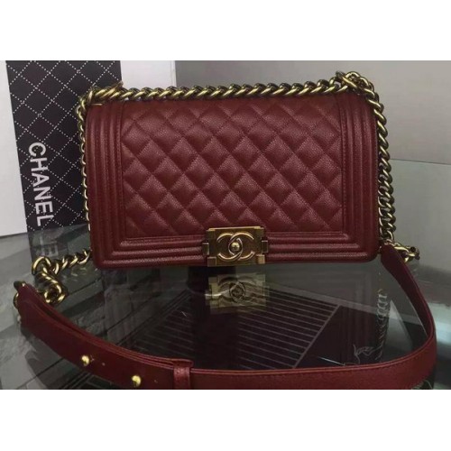 Borsa a tracolla con patta Chanel Boy Borgogna Pelle di vitello originale A8708 Bronzo