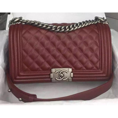 Borsa a tracolla con patta Chanel Boy Borgogna Pelle di vitello originale A8708 Argento