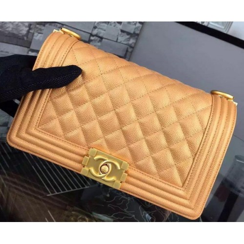 Chanel Boy Borsa a tracolla con patta oro Pelle di vitello originale A8708 oro