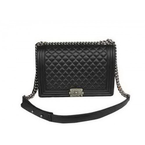 Borsa a tracolla con patta Chanel Boy originale in pelle di montone nera A67087 argento