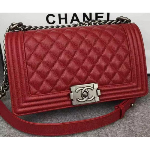 Borsa a tracolla Chanel Boy Flap rossa in pelle di vitello originale A8708 argento