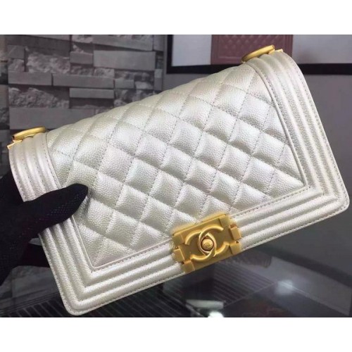 Chanel Boy Borsa a tracolla con patta bianca Pelle di vitello originale A8708 oro