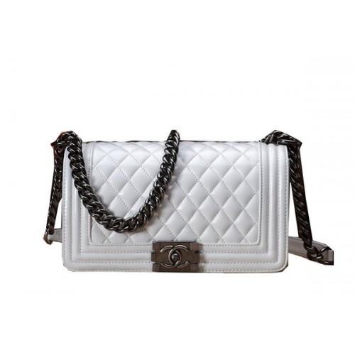 Chanel Boy Borsa a tracolla con patta bianca Pelle di vitello originale CHA67086 Argento