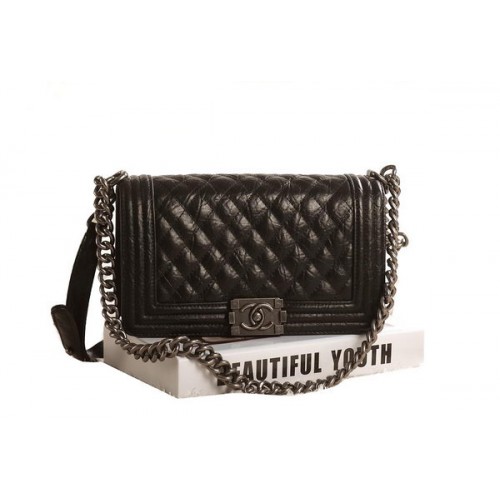 Chanel Boy Borsa a tracolla con patta in nero originale smaltato craquelé A67086 argento