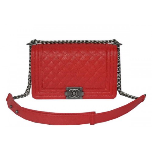 Chanel Boy Flap Shoulder Bags Red Cannage Pattern Leather A67086 Silver