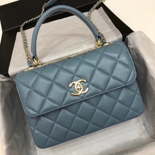 Chanel CC originale borsa con patta con manico superiore in pelle di agnello 92236 blu e metallo tono oro