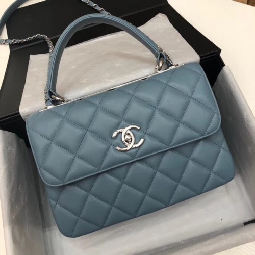 Chanel CC originale borsa con patta con manico superiore in pelle di agnello 92236 metallo tono blu e argento