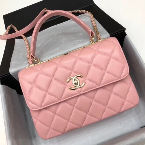 Chanel CC originale borsa con patta con manico superiore in pelle di agnello 92236 rosa e metallo tonalità oro