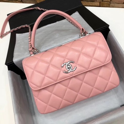 Chanel CC originale borsa con patta con manico superiore in pelle di agnello 92236 rosa e metallo tono argento
