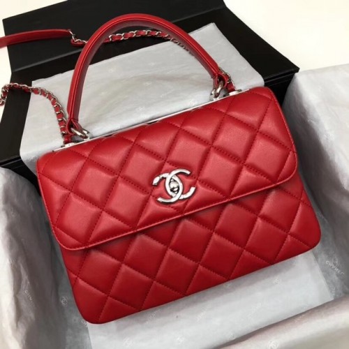 Chanel CC originale borsa con patta con manico superiore in pelle di agnello 92236 rosso e metallo tono argento