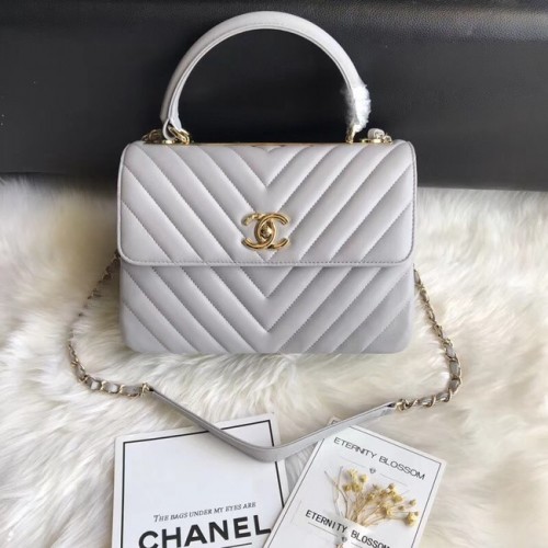 Chanel CC borsa con patta originale in pelle di agnello con manico superiore 92236V Fibbia in oro grigio