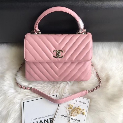 Chanel CC borsa con patta originale in pelle di agnello con manico superiore 92236V Fibbia in argento rosa