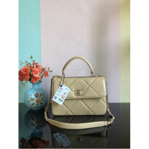 Chanel CC originale borsa con patta con manico superiore in pelle di agnello A92236 Beige e metallo tono oro