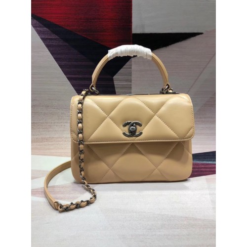 Chanel CC originale borsa con patta con manico superiore in pelle di agnello A92236 albicocca e metallo tono argento