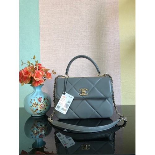 Chanel CC originale borsa con patta con manico superiore in pelle di agnello A92236 grigio scuro e metallo tonalità oro
