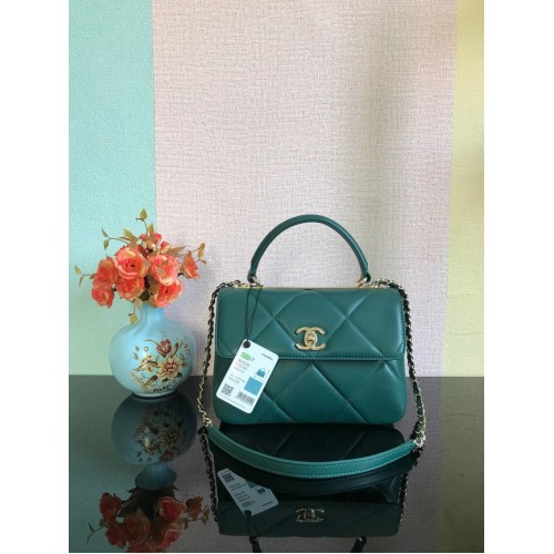 Chanel CC originale borsa con patta con manico superiore in pelle di agnello A92236 verde scuro e metallo tonalità oro