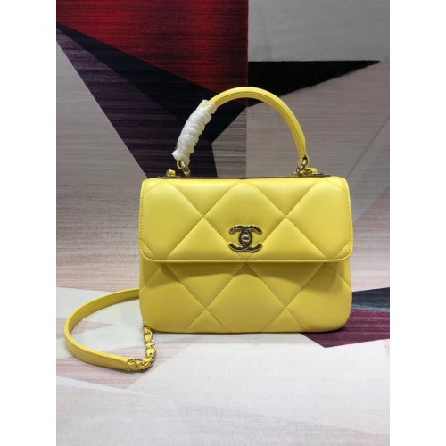 Chanel CC originale borsa con patta con manico superiore in pelle di agnello A92236 limone e metallo tonalità oro
