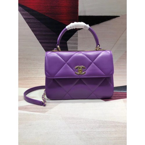 Chanel CC originale borsa con patta con manico superiore in pelle di agnello A92236 viola e metallo tono oro