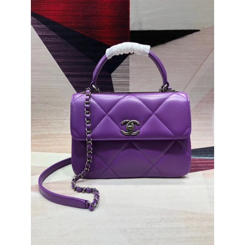 Chanel CC originale borsa con patta con manico superiore in pelle di agnello A92236 viola e metallo tono argento
