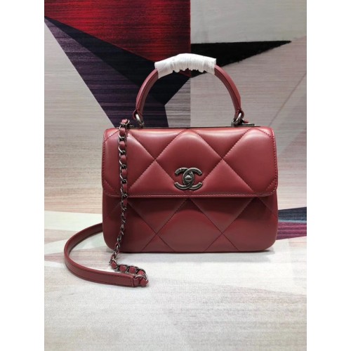 Chanel CC originale borsa con patta con manico superiore in pelle di agnello A92236 rosso e metallo tono argento