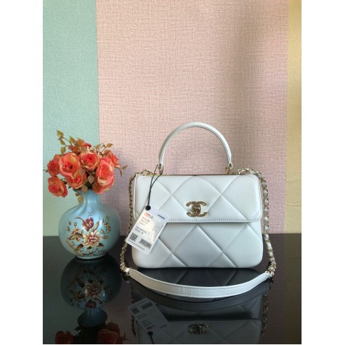 Chanel CC originale borsa con patta con manico superiore in pelle di agnello A92236 bianco e metallo tono oro