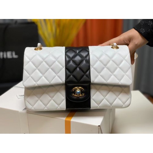 BORSA A MANO CLASSICA Chanel Pelle di agnello Metallo dorato A01112 Bianco Nero