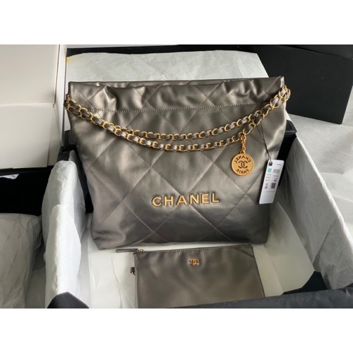 Borsa shopping Chanel in pelle di vitello AS3261 grigio argento
