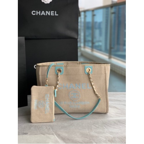Borsa shopping in tela Chanel 67001 Beige e celeste
