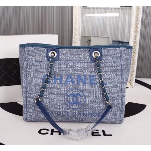 Borsa shopping in tela Chanel Pelle di vitello Metallo argentato A23556 blu