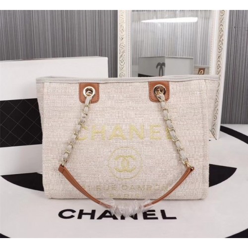 Borsa shopping in tela Chanel pelle di vitello metallo tono argento A23556 cremoso