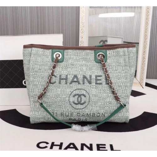 Borsa shopping in tela Chanel pelle di vitello metallo tono argento A23556 verde