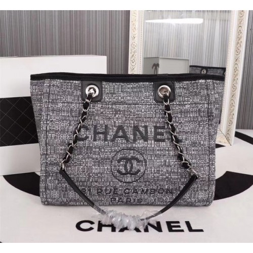 Borsa shopping in tela Chanel pelle di vitello metallo tono argento A23556 grigio