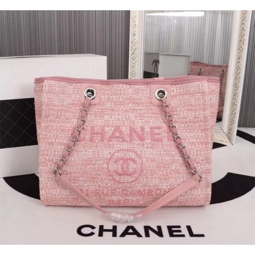 Chanel Borsa shopping in tela pelle di vitello metallo tono argento A23556 rosa