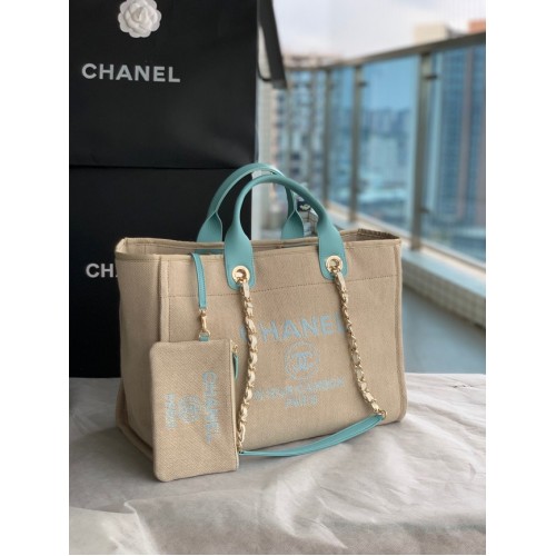 Borsa shopping tote in tela Chanel B66941 Beige e blu cielo