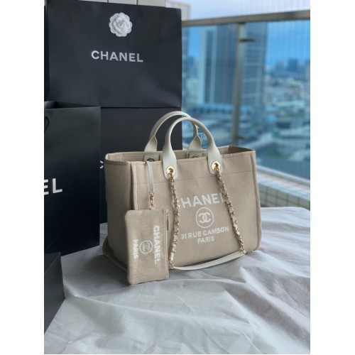 Borsa shopping tote in tela Chanel B66941 grigio chiaro