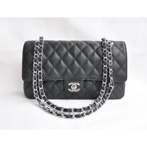 Chanel Classic 2.55 Series Black Caviar Silver Chain Borsa trapuntata con patta 1113
