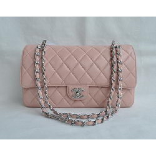 Chanel Classic 2.55 Series Borsa con patta trapuntata a catena in pelle di agnello rosa argento 1113